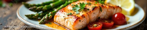 Juicy baked salmon fillet with roasted asparagus and sun-dried tomatoes , plate, sundried