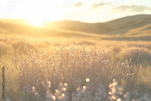 Golden hour sunset over lavender field.