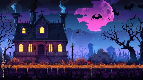 Haunted Mansion with Full Moon and Bats in a Graveyard photo