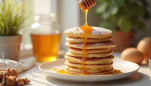 Stack of pancakes with honey drizzle, traditional Maslenitsa breakfast in sunlight photo