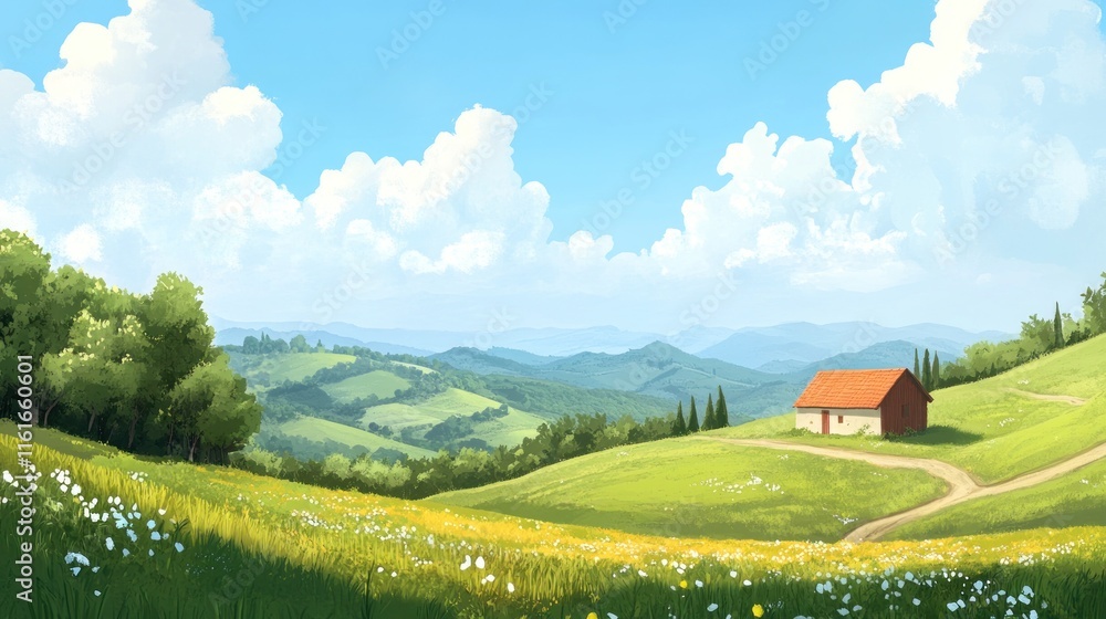 A charming countryside landscape with rolling hills and a small red barn A charming countryside landscape with rolling hills and a small red barn