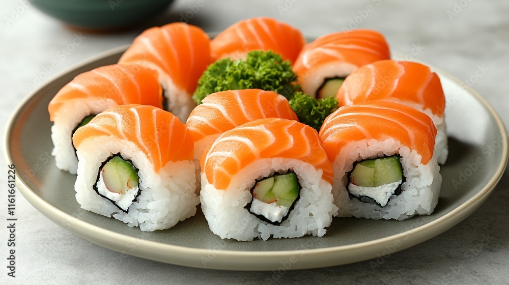 Delicious salmon sushi rolls on a plate. Delicious salmon sushi rolls on a plate.