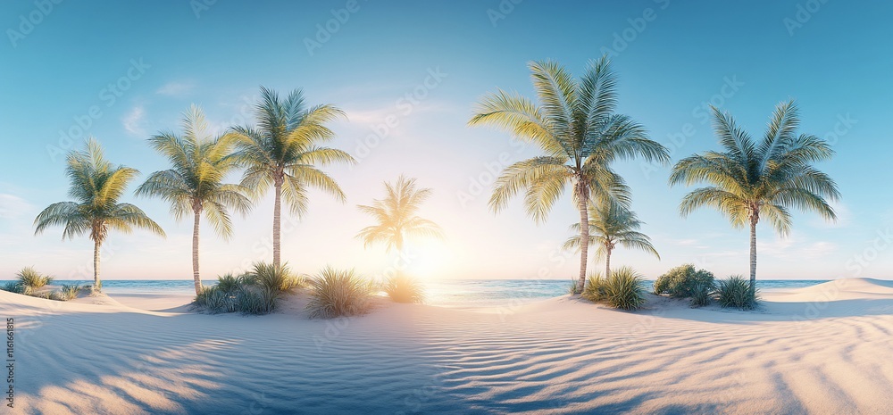 Obraz premium Idyllic sunset on tropical beach with palm trees.