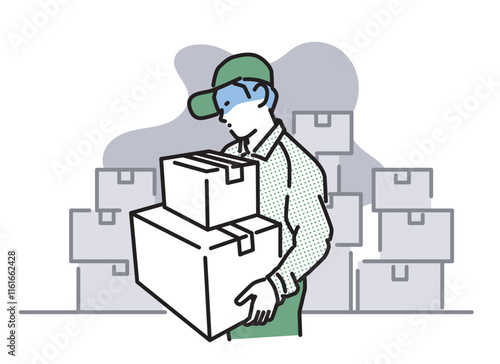 シンプル　イラスト　疲れている配達員の男性