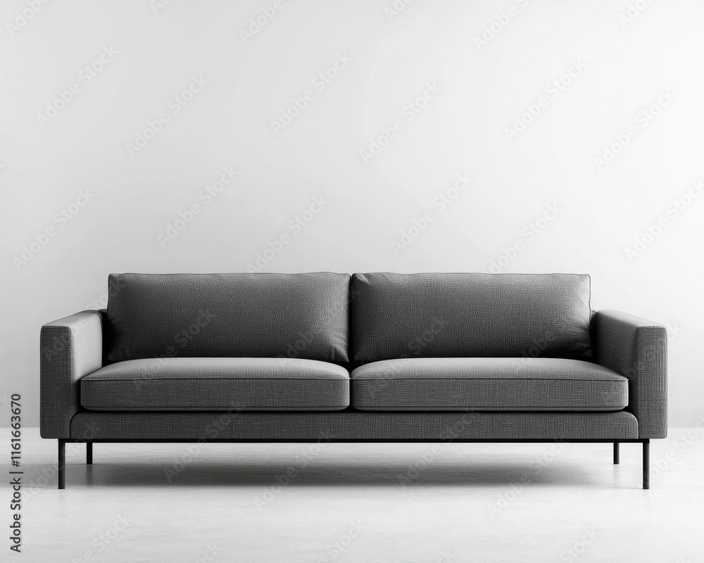 A modern gray sofa with a minimalist design, featuring two cushions and sleek black legs, set against a plain white background. A modern gray sofa with a minimalist design, featuring two cushions and sleek black legs, set against a plain white background.