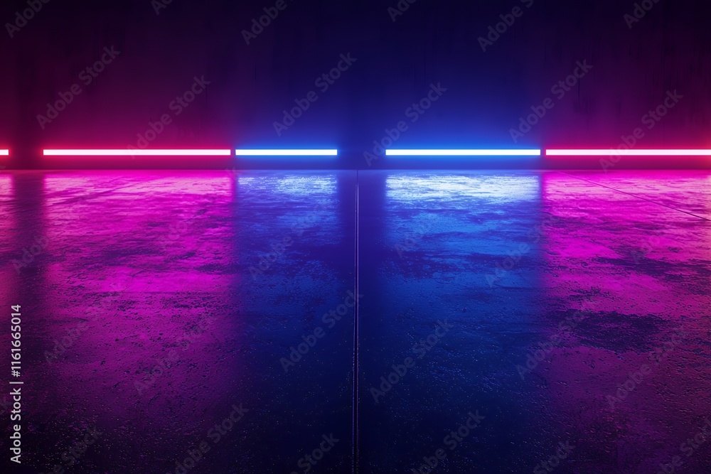 Fototapeta premium Dark night neon light reflections on a sleek abstract concrete floor