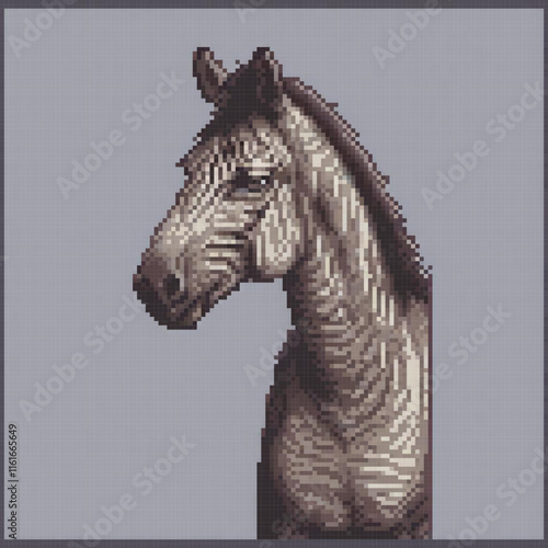 Pixel art zebra head with black frame on gray background.