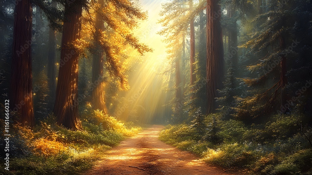 Fototapeta premium Mystical redwood forest trail with golden sunbeams piercing through towering sequoia trees, creating dramatic Tyndall effect amidst morning mist and lush undergrowth.