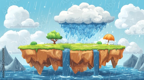 Raining on a Floating Island with Trees, Waterfalls, and an Umbrella photo