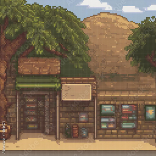 Pixel art depicting a charming building with a tree in front, perfect for retro-themed spaces.