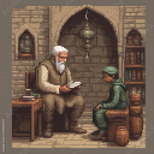 Pixel art depicts a man and woman enjoying a moment by a building.