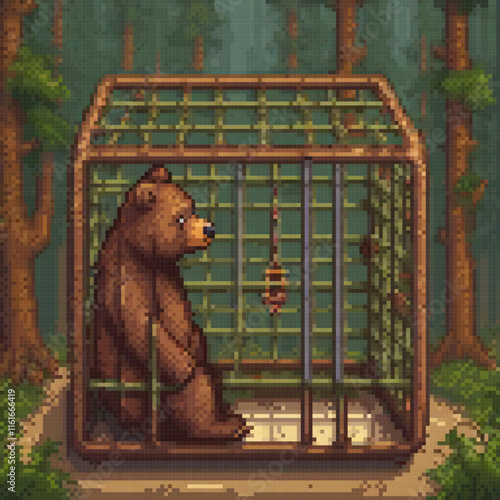 Pixel art bear in a forest enclosure