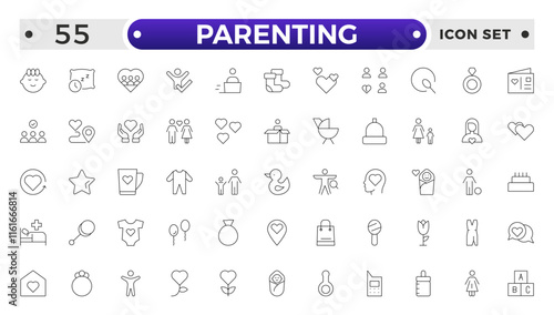 Set of Parenting outline icon related to family, parents, mother, father, son, daughter, children, baby, grandparents, grandfather, grandmother.Loving Family Relationships outline modern icon set.