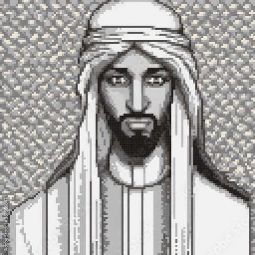 Handcrafted pixel art cross stitch depicting a bearded man in a turban.