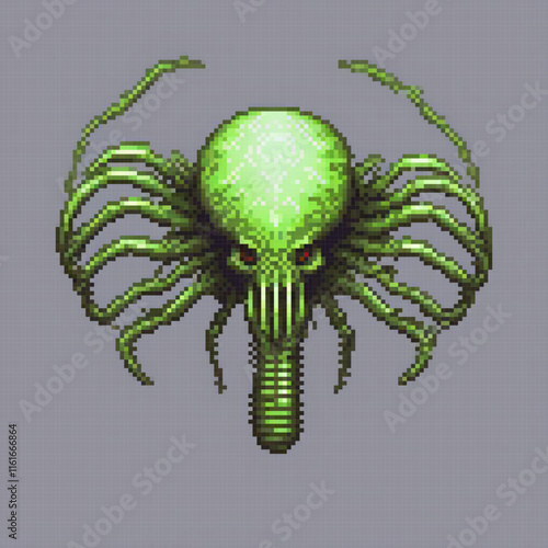 Vintage pixel art of a vibrant green octopus with striking red eyes against a muted gray backdrop.