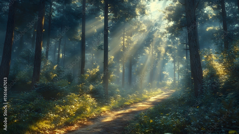Fototapeta premium Mystical redwood forest trail with golden sunbeams piercing through towering sequoia trees, creating dramatic Tyndall effect amidst morning mist and lush undergrowth.