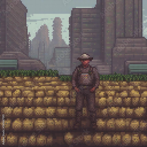 Pixel art depicting a man guarding a sandbag pile.