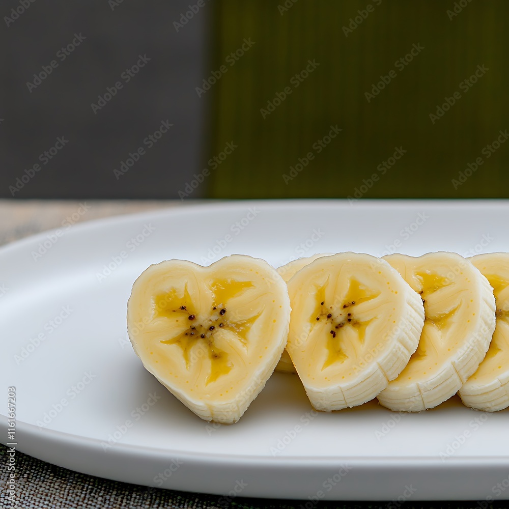 Slices of heart-shaped bananas arranged on a white plate. Slices of heart-shaped bananas arranged on a white plate.