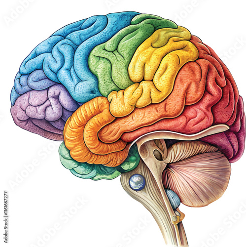 Colorful human brain model showcasing different brain regions for education and science vector