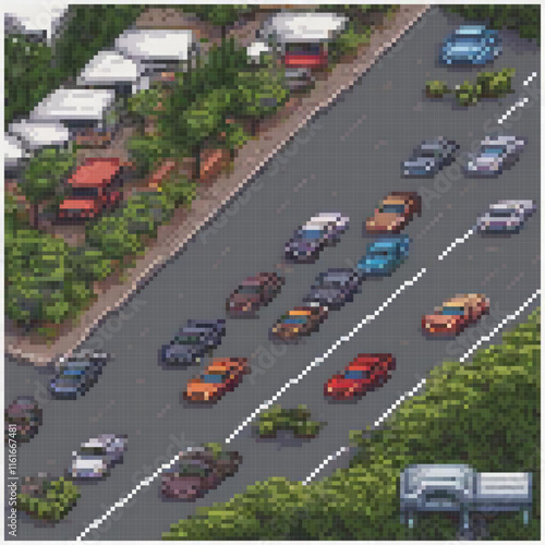 Pixel art depicting a bustling street scene with various vehicles.