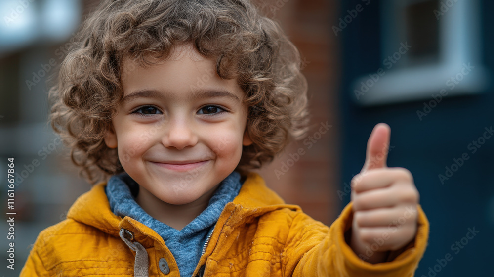 Happy child giving thumbs up, wearing yellow jacket, smiling joyfully. background features blurred school building, creating cheerful atmosphere