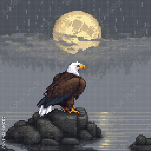 Bald eagle perched on rock, moonlit sky