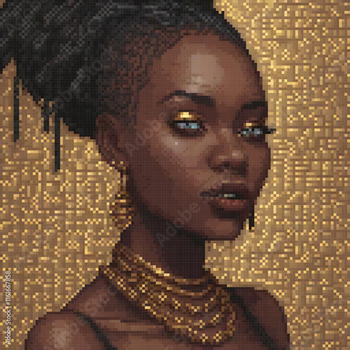 Stunning pixel art of a black woman adorned with gold jewelry.