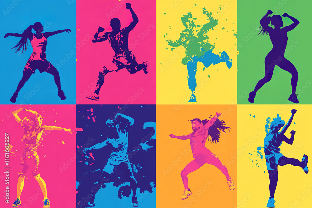 The image is a collage of eight colorful silhouettes of people in various active poses, such as dancing and jumping, set against different solid background colors