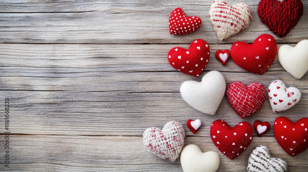 Soft fabric hearts in red and white on rustic wooden background create warm, romantic atmosphere perfect for Valentine Day Soft fabric hearts in red and white on rustic wooden background create warm, romantic atmosphere perfect for Valentine Day