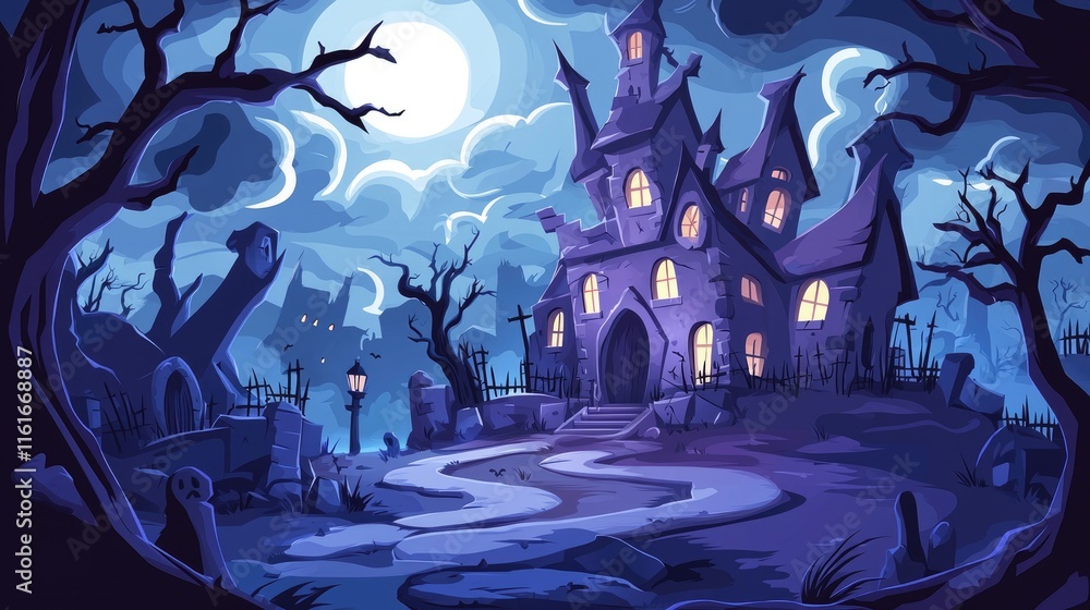 Obraz premium A Haunted Mansion Under a Full Moon in a Graveyard