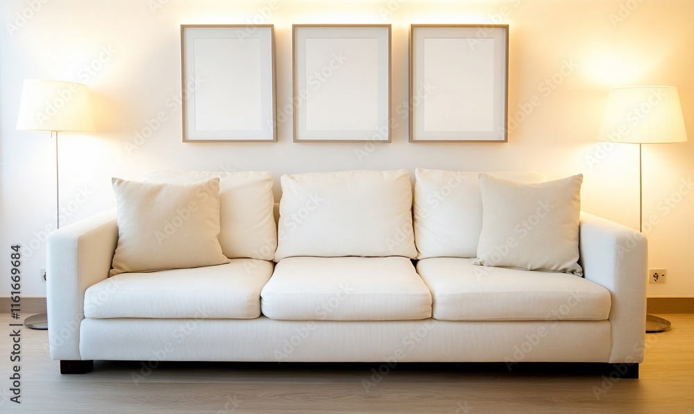 Fototapeta premium A minimalist living room featuring a white sofa and empty frames.