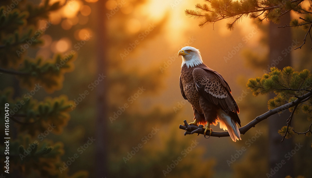 Fototapeta premium Bald eagle perched on branch against sunset background