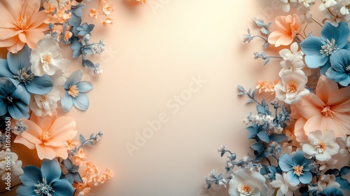 Blue and peach flowers side border frame on light beige background