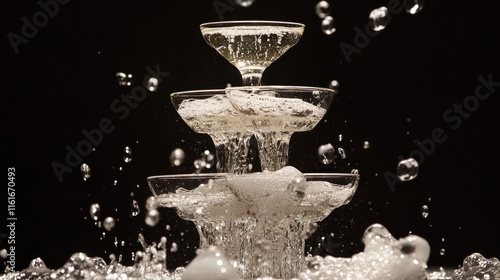 A champagne tower with glasses stacked and sparkling bubbles cascading 