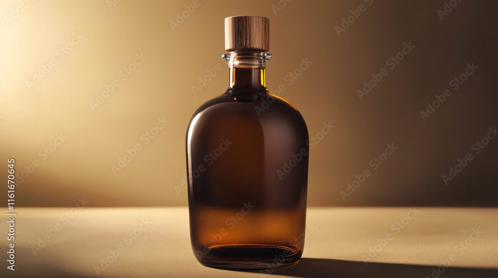 Elegant glass bottle with wooden cap, showcasing rich amber liquid. soft lighting enhances its sleek design, perfect for product photography Elegant glass bottle with wooden cap, showcasing rich amber liquid. soft lighting enhances its sleek design, perfect for product photography