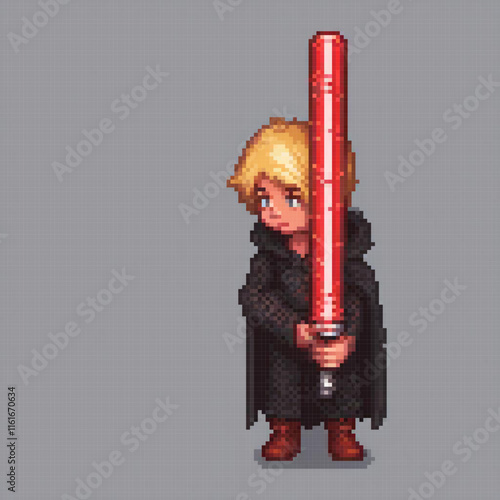 Pixel art boy wielding a vibrant red light saber