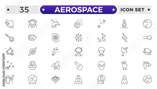 Aerospace icon of science observatory, satellite and rocket .space and planet outline Icons, thin line style. Contains such Icons as space, planet, alien, solar, technology, space travels, stars.