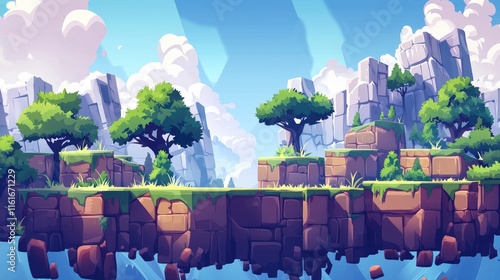 A Cartoon Landscape with Floating Stone Islands and Trees photo