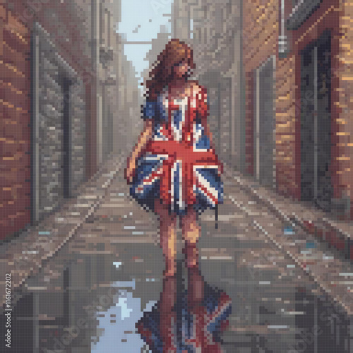 British flag-themed pixel art of a woman strolling down a street