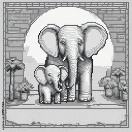 Pixel art cross stitch elephant family pattern