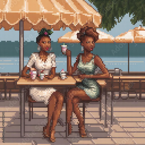 Pixel art depicting two women enjoying drinks at a table