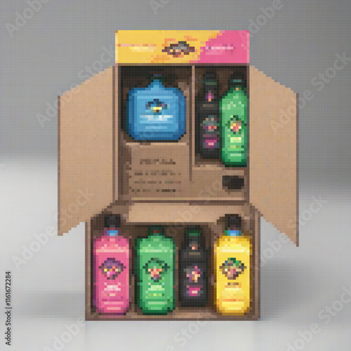 Pixel art of a vibrant cardboard box overflowing with colorful liquids.