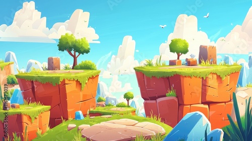 Cartoon Landscape with Two Cliffside Plateaus and Green Grass, 2d cartoon for game background and cartoon cover book