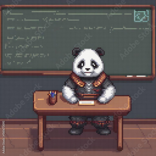 Pixel art of a panda bear at a desk with a blackboard, perfect for retro-themed classrooms or cute office decor.