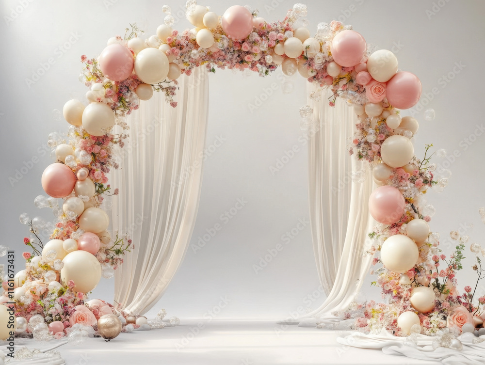 Elegant wedding backdrop adorned with pink and white balloons, flowers, and drapes, perfect for romantic celebration Elegant wedding backdrop adorned with pink and white balloons, flowers, and drapes, perfect for romantic celebration