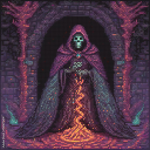 Grim Reaper cross stitch pattern in pixel art, perfect for dark room decor.