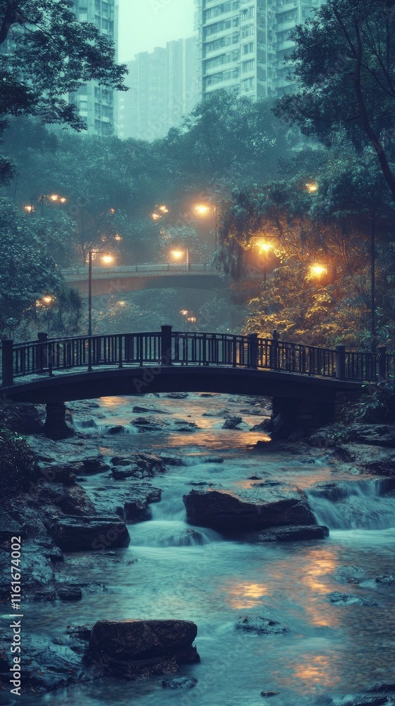 Fototapeta premium A serene bridge over a flowing river, illuminated by soft lights in a misty environment.
