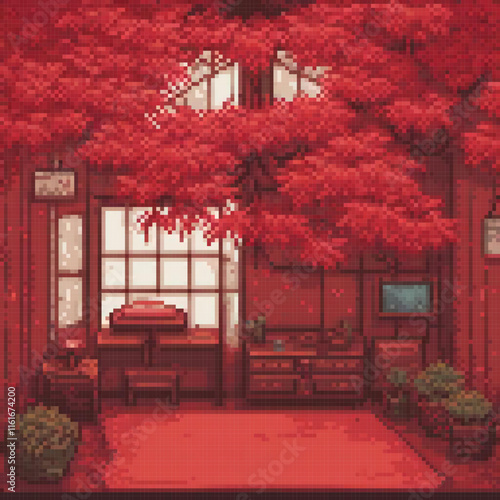 Red room with a central tree, pixel art style