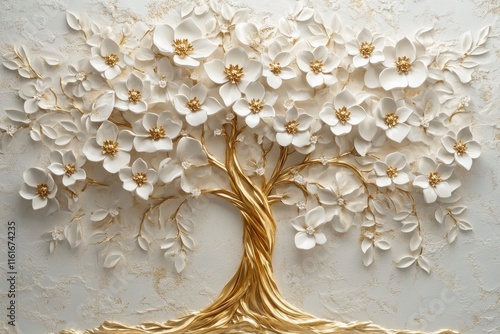 Exquisite 3D wallpaper with a radiant golden tree of life adorned with detailed white flowers on a soft, textured canvas. 