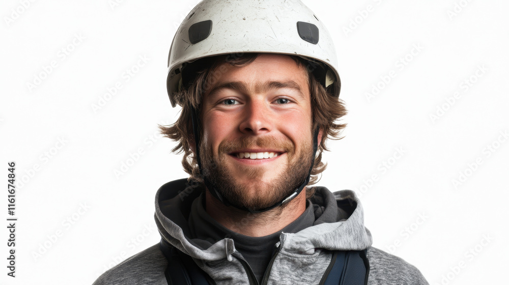 Man with construction helmet smiling confidently, showcasing safety and professionalism. His casual attire complements helmet, reflecting positive attitude Man with construction helmet smiling confidently, showcasing safety and professionalism. His casual attire complements helmet, reflecting positive attitude